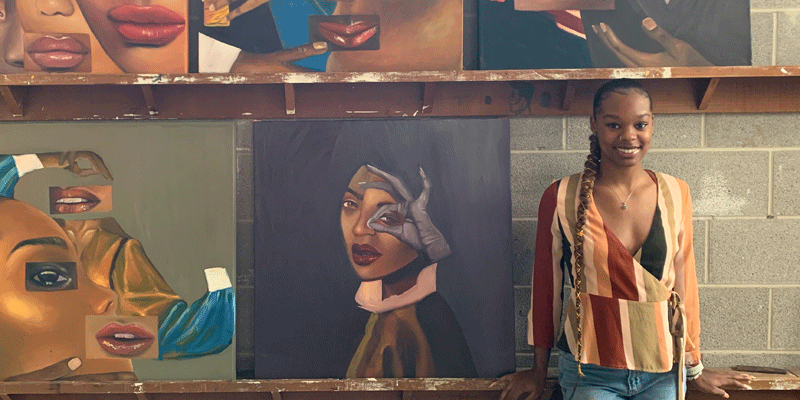 Chalara Sutton, ’21, in the Bobbitt Visual Arts Center painting stud