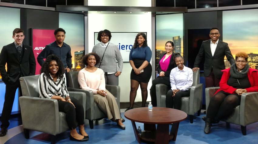 Students on the set of a television show, as a part of a field trip to Chicago with the Career and Internship Center.