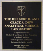Dow Lab plaque in Albion College's Science Complex