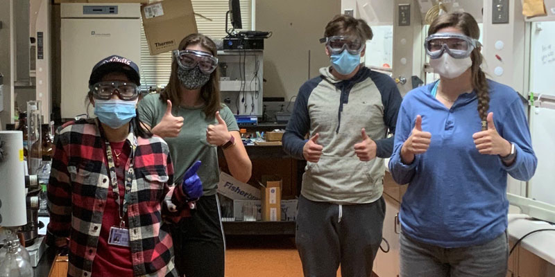  Thre 2020 Streu Research Group, back together safely on campus: biochemistry and music major San Pham, '21; biochemistry major Anna Crysler, '22; biochemistry major PeterFilbrandt, '23; biochemistry major Kaitlyn Piontkowsky, '23