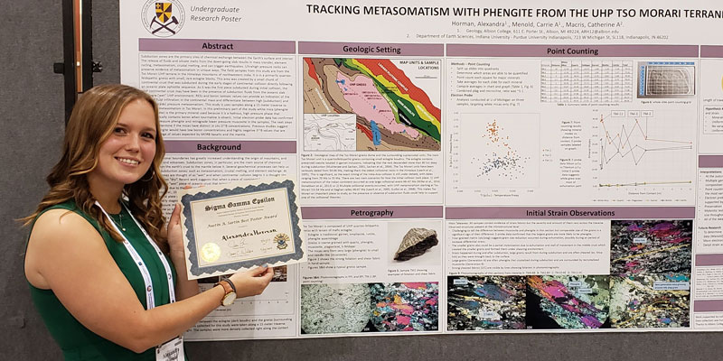 Alex Horman with her winning presentation at the GSA 2019 meeting. Horman is a senior majoring in geology and minoring in geographic informations systems (GIS). Horman is the child of Jim and Laurel Horman of Grand Rapids and a graduate of Forest Hills Central High School.


