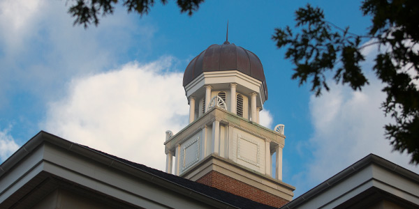 The top of Ferguson Hall on Albion College's quad.