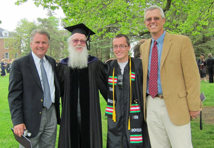 Jeff Petherick, '85; Dr. Wes Dick, history professor; Pryce Hadley, '12; and Tom Bender, '85, at Pryce's graduation