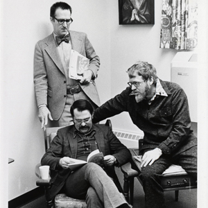 Frick (center) with colleagues William Gillham (standing) and Johan Stohl, a group affectionately known as "the Trinity" by students.