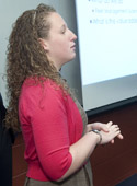 Caroline Dobbins makes a point while presenting a business plan with students from the Gerstacker Institute and Ecole superieur de Vente (SDV) during the Elkin Isaac Student Research Symposium in April.