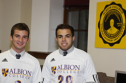 Evan Malecke and Andy Bieber spent many long nights in the Gerstacker Institute lab during the fall semester.