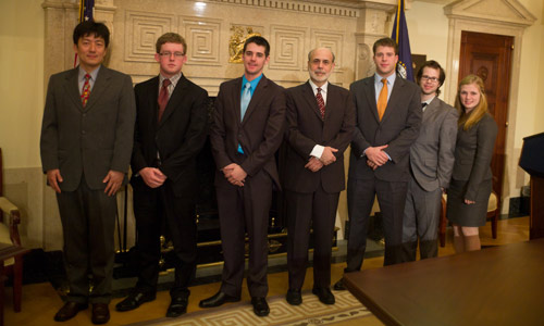 Albion College's Fed Challenge team with Federal Reserve Chairman Ben Bernanke at the 2011 national finals in Washington, D.C.