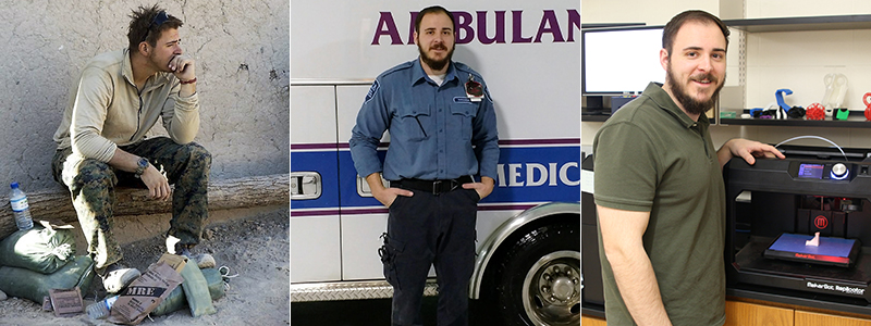 From left: Bram Siemers, '19, in Afghanistan, as part of the Jackson ambulance squad, and at the 3D printer on the Albion College campus.