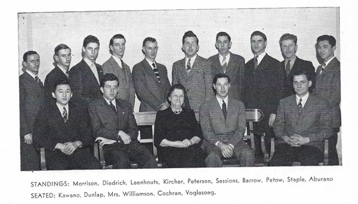 Members of the Goodrich Club pictured in the 1944 Albionian. George Kawano, '47, is seated far left; Fusajiro Aburano, '48, is standing far right.