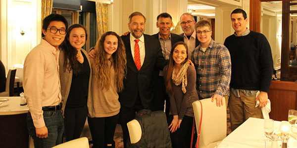 From left: Matt Stander, Megan Bricely, Leah Zawerucha, Tom Mulcair (of Canada's New Democratic Party), Hassan Yussuff (Canadian Labour Congress president), Rachel St. Pierre, Patrick McLean, Noah Pappas and Chris Hagerman, a former Albion College history professor now teaching in Ottawa.
