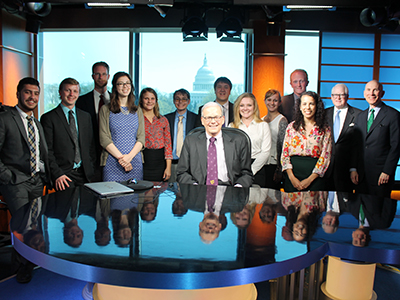 Ford Institute students make important connections during the annual senior trip to Washington, D.C. Above, 2017 seniors visited the C-SPAN studio with FCC chief policy counsel John Hunter, '69 (seated).