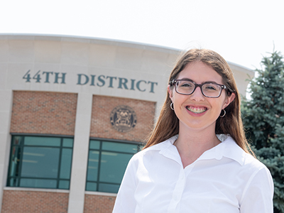 Albion College student Sarah Brittan, '20, outside Michigan 44th District Court in Royal Oak during her summer 2019 internship.