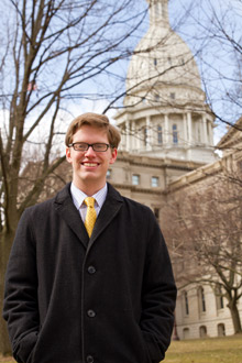 Nathaniel Love, '13, graduated with a degree in public policy following a senior-year internship in Lansing at lobbying firm Kelley Cawthorne.