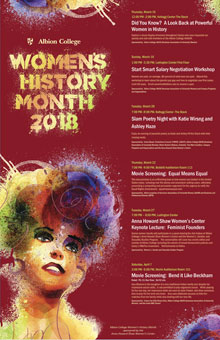 Events poster for Women's History Month 2018 at Albion College