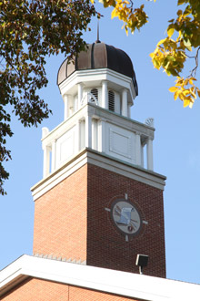 The top of Ferguson Hall, Albion College.
